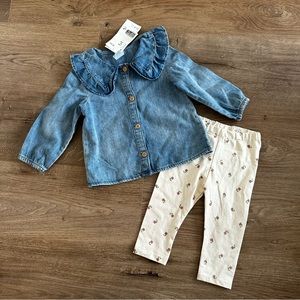 H&M Two Piece Set Floral Leggings Collared Denim Shirt Size 6-9 Months Baby Girl